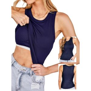 CUPSHE Womens Built in Bra Tank Tops Ribbed Sleeveless 2025 Summer Basic Tops(Navy Blue)