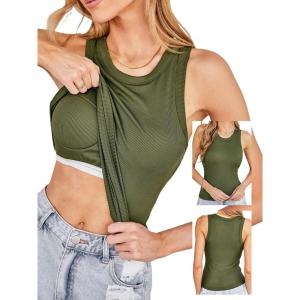 CUPSHE Womens Built in Bra Tank Tops Ribbed Sleeveless 2025 Summer Basic Tops(Olive Green)