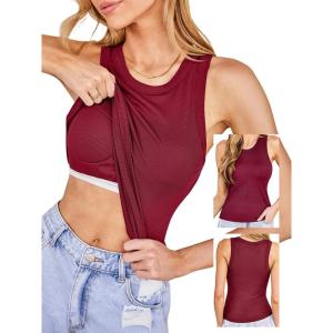 CUPSHE Womens Built in Bra Tank Tops Ribbed Sleeveless 2025 Summer Basic Tops(Red)