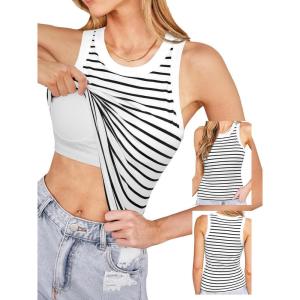 CUPSHE Womens Built in Bra Tank Tops Ribbed Sleeveless 2025 Summer Basic Tops(Striped)