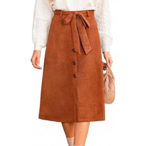 CUPSHE Women’s Button Front Midi Skirts Suede A-line Waist Tie Long Skirt Western Casual Vacation(Brown)