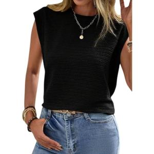 CUPSHE Women’s Cap Sleeve Summer Tops Crewneck Textured Cute Tank 2025 Casual Trendy T-Shirts(Black)