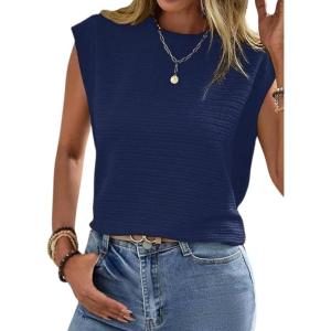 CUPSHE Women’s Cap Sleeve Summer Tops Crewneck Textured Cute Tank 2025 Casual Trendy T-Shirts(Blue)