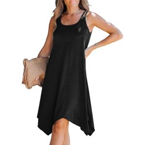 CUPSHE Women’s Casual Cami Dress Scoop Neck Sleeveless Flowy Midi Dresses Handkerchief Hem with Cutout Straps(Black)