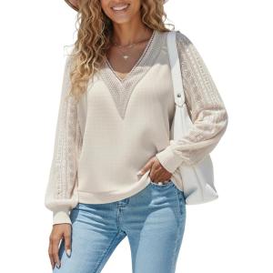 CUPSHE Women’s Casual Long Lace Sleeve V Neck Tops 2025 Fall Loose Shirts Blouse(Beige)