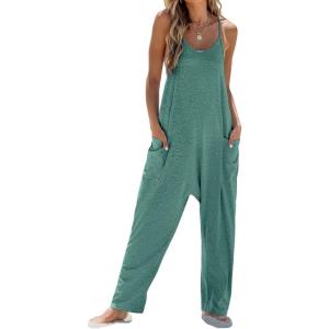 CUPSHE Women’s Casual V Neck Spaghetti Straps Jumpsuit Sleeveless Baggy Long Pants Overall Outfit with Pockets(Green)
