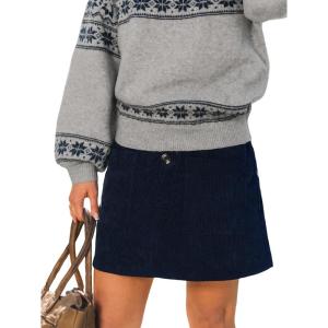 CUPSHE Women’s Corduroy Mini Skirts High Waist A-Line Winter Buttons Casual Fall Skirt(Navy)