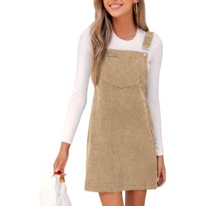 CUPSHE Women’s Corduroy Overall Mini Fall Dress Square Neck Adjustable Straps Front Pocket Side Buttons Autumn Dresses(Apricot)