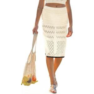 CUPSHE Women’s Crochet Midi Skirt Summer Cover Up Hollow Out Knitted Elegant Stretch Bodycon Skirt(Beige)