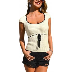 CUPSHE Women’s Cute Tie Front Short Sleeve Knit Tops Lightweight Summer Pullover Blouse(White)