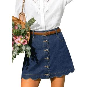 CUPSHE Women’s Denim Mini Skirt Button Front A-Line Jean High Waist Scalloped Hem Casual Outfits(Blue)