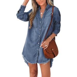 CUPSHE Womens Denim Shirt Dress Long Sleeve Button Down Casual Loose Jean Dresses with Pockets(Dark Blue)