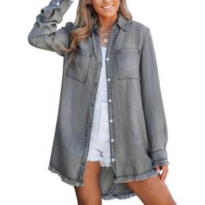 CUPSHE Womens Denim Shirt Dress Long Sleeve Button Down Casual Loose Jean Dresses with Pockets(Grey)