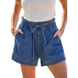 CUPSHE Women’s Denim Shorts Smocked High Waist Drawstring Hem Casual Summer(Blue)