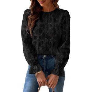 CUPSHE Women’s Eyelet Long Sleeve Tops Shirts Dressy Hollow Out Crochet Lace Embroidered Blouses 2026 Fashion(Black)