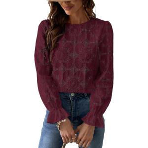 CUPSHE Women’s Eyelet Long Sleeve Tops Shirts Dressy Hollow Out Crochet Lace Embroidered Blouses 2026 Fashion(Burgandy Red)