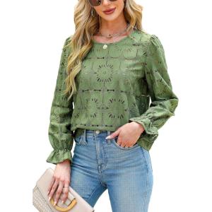CUPSHE Women’s Eyelet Long Sleeve Tops Shirts Dressy Hollow Out Crochet Lace Embroidered Blouses 2026 Fashion(Green)