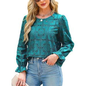 CUPSHE Women’s Eyelet Long Sleeve Tops Shirts Dressy Hollow Out Crochet Lace Embroidered Blouses 2026 Fashion(Lake Blue)