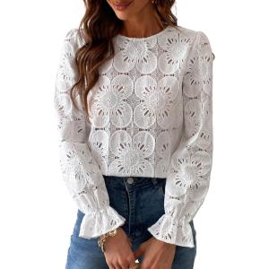 CUPSHE Women’s Eyelet Long Sleeve Tops Shirts Dressy Hollow Out Crochet Lace Embroidered Blouses 2026 Fashion(White)