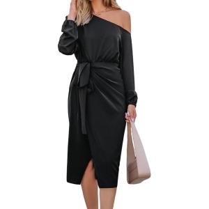 CUPSHE Womens Fall Dress One Shoulder Tie Front Puff Long Sleeve Bodycon Wrap Cocktail Midi Dresses(Black)