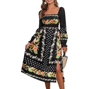 CUPSHE Womens Fall Dresses Floral Square Neck Long Puff Sleeve Flowy Casual A Line Midi Dress(Black)