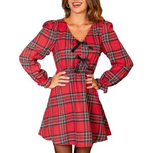 CUPSHE Women’s Fall Dresses Plaid V Neck Bowknot Long Sleeve Smocked A Line Babydoll Mini Dress(Red)