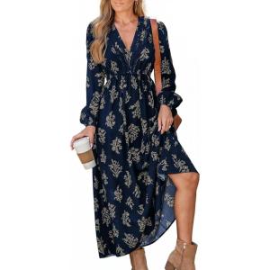 CUPSHE Women’s Floral Maxi Dress V Neck Puff Sleeves Flowy Ruffle Casual Fall Dress(Navy Blue)