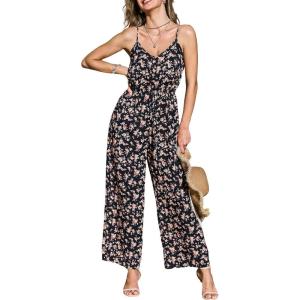 CUPSHE Womens Jumpsuit, Summer Sleeveless Floral Print Straight Leg Jumpsuits Outfit Casual for Vacations Beaches(Black)