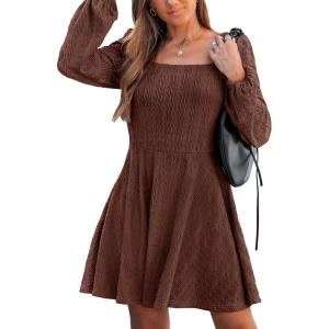 CUPSHE Women’s Knit Fall Mini Dress Long Sleeves Square Neck Ruffle A Line Dresses(Coffee)