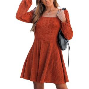 CUPSHE Women’s Knit Fall Mini Dress Long Sleeves Square Neck Ruffle A Line Dresses(Orange)