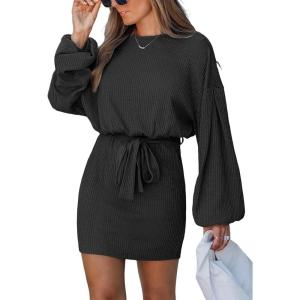 CUPSHE Women’s Knit Mini Dresses Lantern Long Sleeve Casual Belted Back Tie Vacation Cocktail Dress(Black)