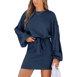 CUPSHE Women’s Knit Mini Dresses Lantern Long Sleeve Casual Belted Back Tie Vacation Cocktail Dress(Blue)