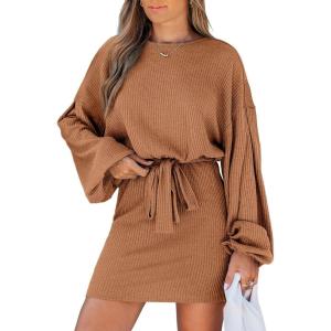 CUPSHE Women’s Knit Mini Dresses Lantern Long Sleeve Casual Belted Back Tie Vacation Cocktail Dress(Brown)
