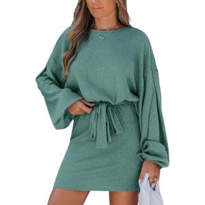 CUPSHE Women’s Knit Mini Dresses Lantern Long Sleeve Casual Belted Back Tie Vacation Cocktail Dress(Green)