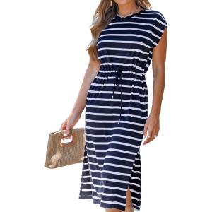 CUPSHE Women’s Knit Striped Casual Summer Dress Drawstring Waist Midi Dresses Short Sleeve Round Neckline Sundress(Navy Blue)
