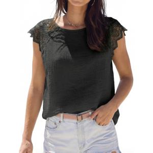 CUPSHE Womens Lace Short Sleeve Tops Cap Sleeve T Shirts 2025 Cute Basic Trendy Fashion Casual Dressy Outfits(Black)