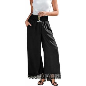 CUPSHE Women’s Lace Trim Wide Leg Pants, Spring Summer High Waist Smocked Palazzo Casual Beach Pants with Pockets(Black)