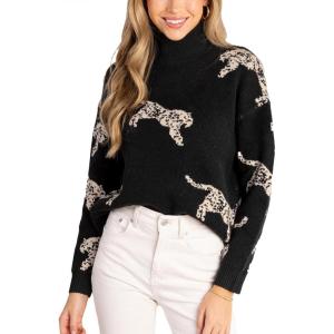 CUPSHE Womens Leopard High Neck Long Sleeve Fall Sweaters Cozy Knit Pullover Sweater Jumper Top(Black)