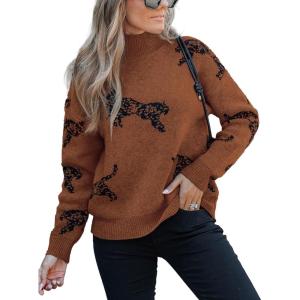 CUPSHE Womens Leopard High Neck Long Sleeve Fall Sweaters Cozy Knit Pullover Sweater Jumper Top(Brown)