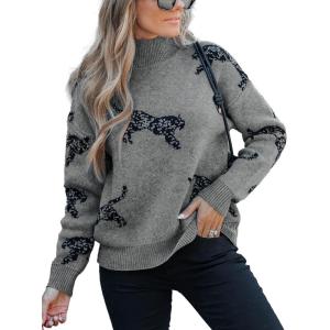 CUPSHE Womens Leopard High Neck Long Sleeve Fall Sweaters Cozy Knit Pullover Sweater Jumper Top(Grey)