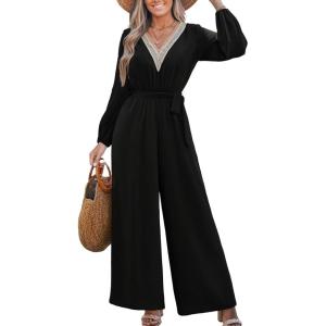 CUPSHE Women’s Long Lantern Sleeve Jumpsuits Casual Lace V Neck Tie Waist Wide Leg One Piece Jumpsuit with Pockets(Black)