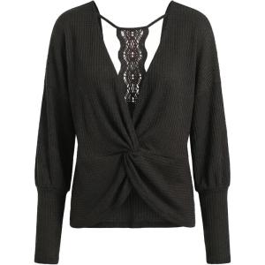 CUPSHE Womens Long Sleeve Crewneck Blouse Sexy Back Lace Ribbed Knit Tops(Black)