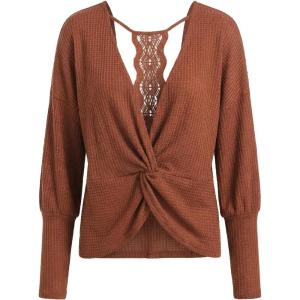 CUPSHE Womens Long Sleeve Crewneck Blouse Sexy Back Lace Ribbed Knit Tops(Brown)