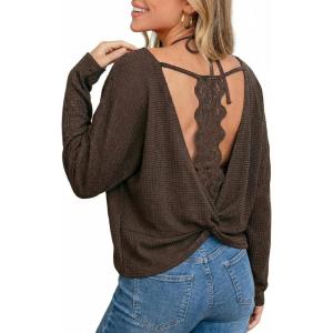 CUPSHE Womens Long Sleeve Crewneck Blouse Sexy Back Lace Ribbed Knit Tops(Coffee Brown)