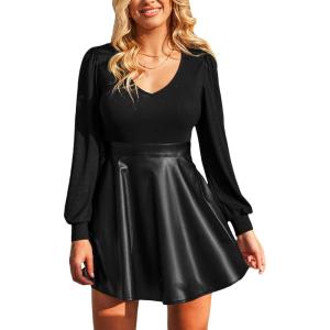 CUPSHE Women’s Long Sleeve Fall Mini Dress V Neck High Waist A Line Ruffle Faux Leather Dress(Black-black)
