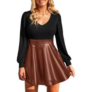 CUPSHE Women’s Long Sleeve Fall Mini Dress V Neck High Waist A Line Ruffle Faux Leather Dress(Black-brown)