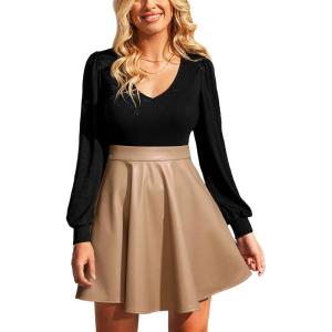 CUPSHE Women’s Long Sleeve Fall Mini Dress V Neck High Waist A Line Ruffle Faux Leather Dress(Black-khaki)