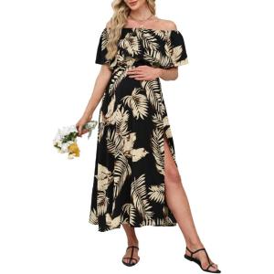 CUPSHE Women’s Maternity Dresses for Photoshoot Ruffle Off Shoulder Short Sleeve Slit Hem Maxi Dress(Black Tropical)