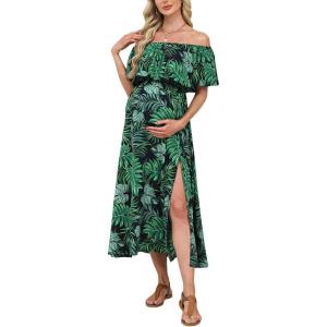 CUPSHE Women’s Maternity Dresses for Photoshoot Ruffle Off Shoulder Short Sleeve Slit Hem Maxi Dress(Green)