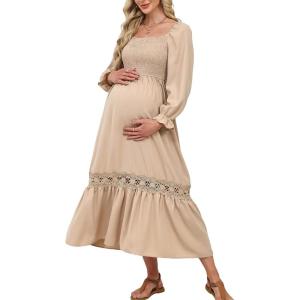 CUPSHE Women’s Maternity Maxi Dresses Square Neck Smocked Baby Shower Long Sleeve Ruffled Fashion Casual Fall Pregnancy Dress(Beige)